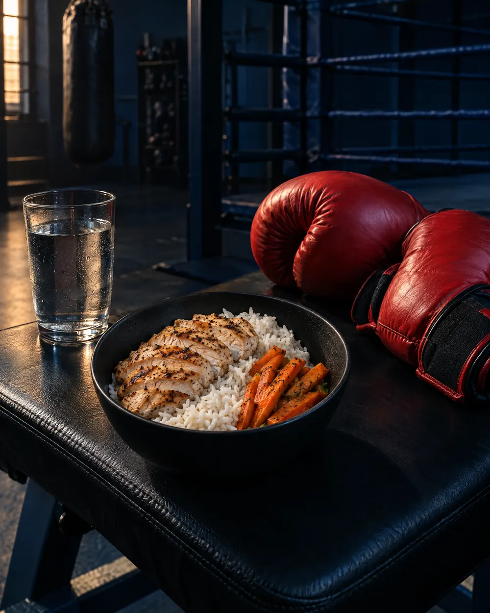 Ryż z kurczakiem i marchewką obok rękawic bokserskich, posiłek przed treningiem kickboxingu