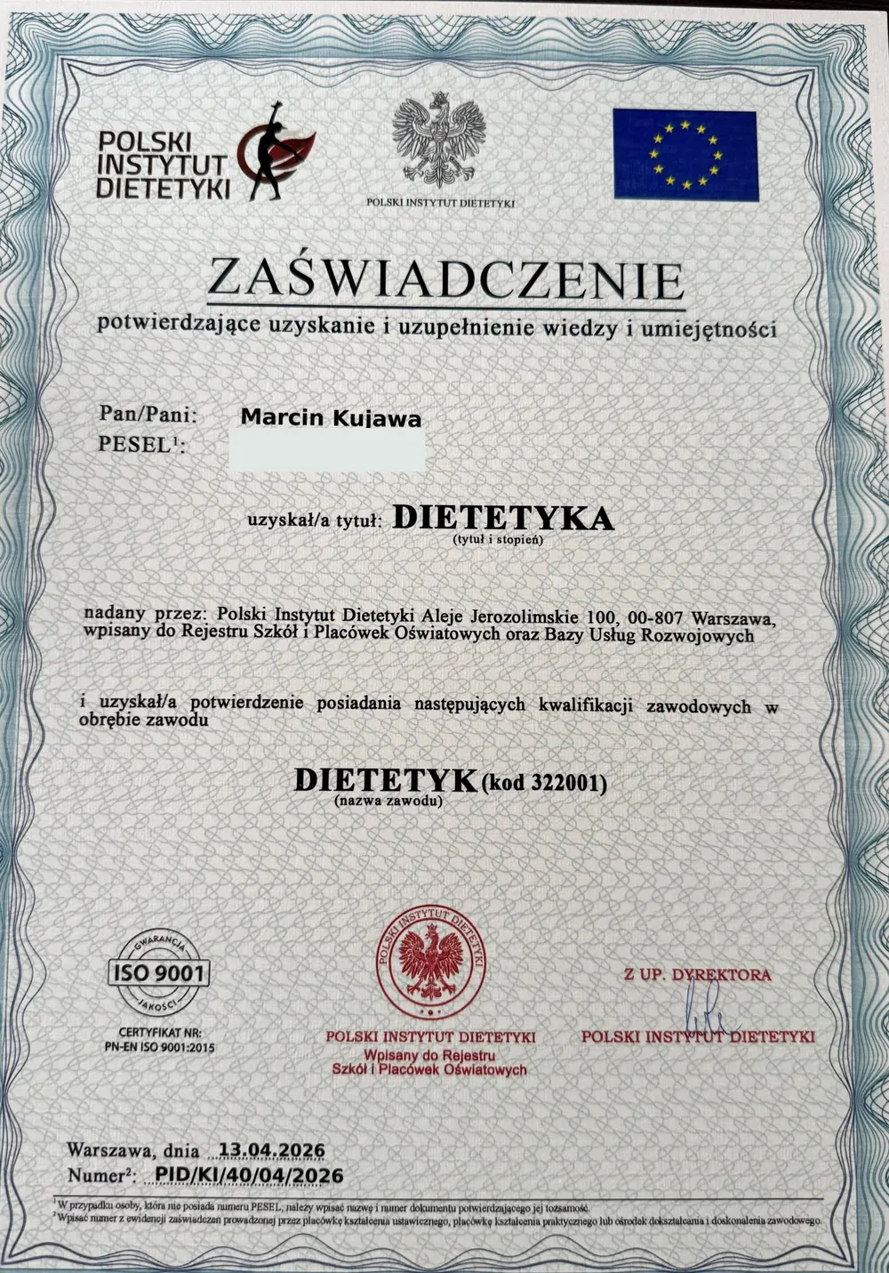 Zaświadczenie Polskiego Instytutu Dietetyki: Kwalifikacje w zawodzie dietetyk, Marcin Kujawa