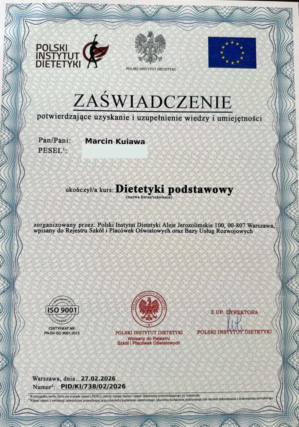 Zaświadczenie Polskiego Instytutu Dietetyki: Kurs dietetyki podstawowy, Marcin Kujawa